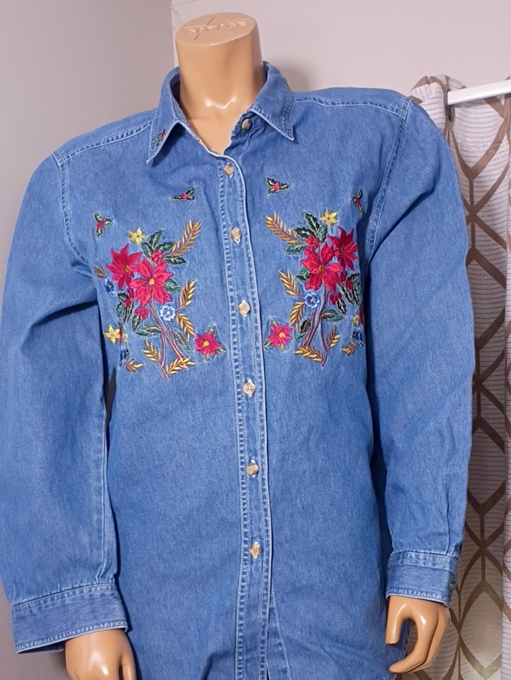 Bobbie Brooks Blue Denim Vintage Button-Down Shirt with Red Floral Embroidery